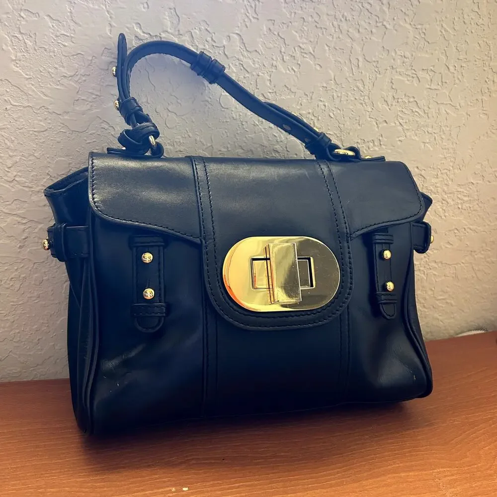 Badgley Mischka Keyra Satchel Black Leather Gold Turnlock Classic Handbag